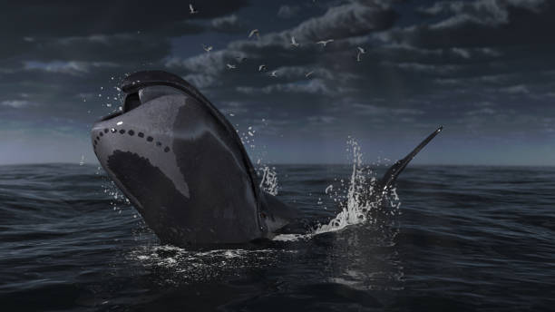 istock Bowhead artic whale is over the sea surface under dramatic overcast weather 3d rendering 1202967230
