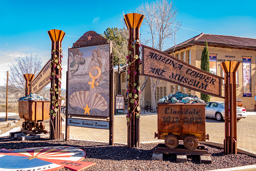 Clarkdale, Arizona, USA - January 4, 2020: Historic Copper Art Museum Building Entrance Exterior in Clarkdale Arizona.