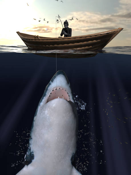 istock Fisherman in small boat has a surprise coming under 3d rendering 1202967826