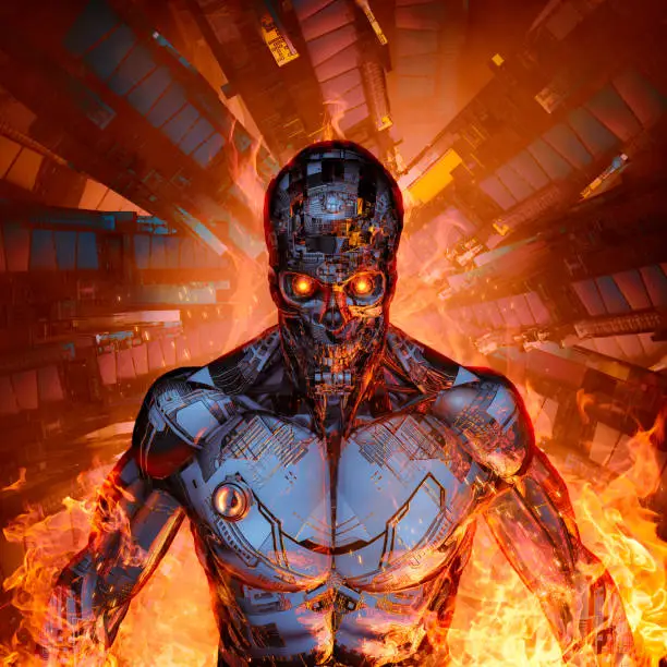 3D illustration of scary futuristic science fiction skull faced humanoid cyborg emerging from burning space ship