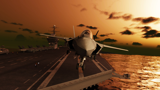 American stealth jet take-off from aircraft carrier at dawn 3d render