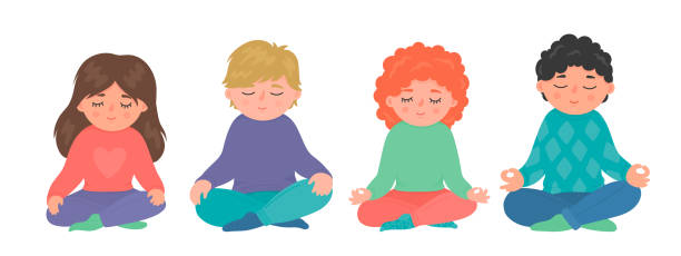 Children meditation set. Group of little girls and boys sitting in lotus pose and meditating. Children meditation set. Group of little girls and boys sitting in lotus pose and meditating. Cute yoga, mindfulness, relax vector illustration isolated on white background. cross legged illustrations stock illustrations