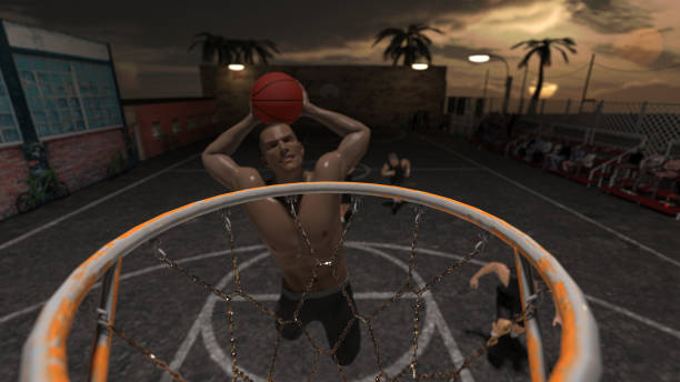 istock Different angle view from rim and two handed street slam dunk 3d render 1202971242