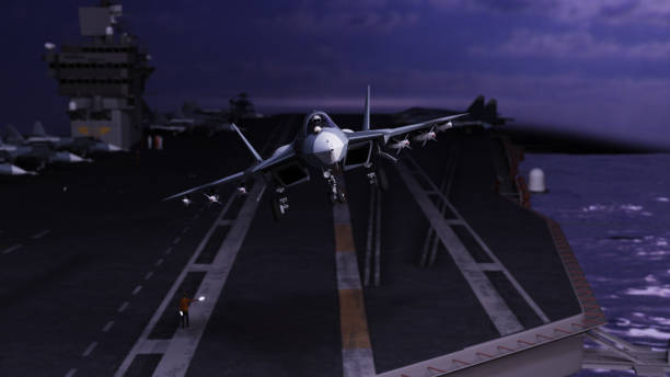 istock Russian jet take-off from aircraft carrier ship 3d render 1202971251