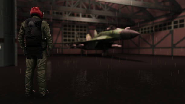 istock Russian commander pilot looking at the jet fighter in hangar 3d render 1202971257