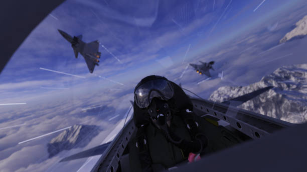 istock Two chinese jet flying over pilot in cockpit 3d render dogfight scene 1202971314