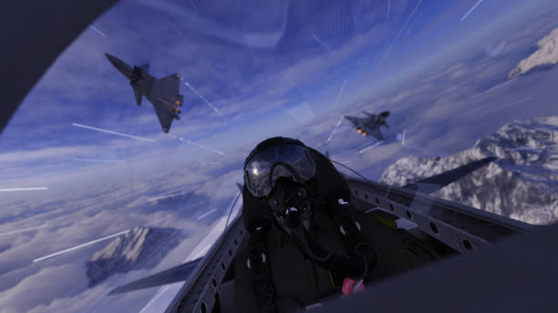 Two chinese jet flying over pilot in cockpit 3d render dogfight scene Two chinese jet flying over pilot in cockpit 3d render dogfight scene military airplane stock pictures, royalty-free photos & images