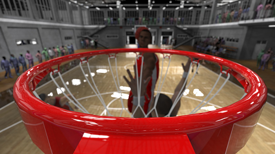 Basketball rim is so close to camera great view of dunk score 3d render