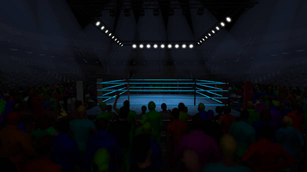 Empty boxing arena with spotlights, ring is waiting for fighters 3d render