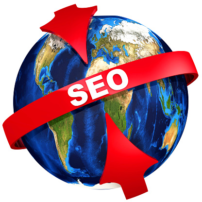 Red arrows point to the white abbreviation SEO (search engine optimization) on the red tape on the background of the Globe. Isolated. 3D Illustration