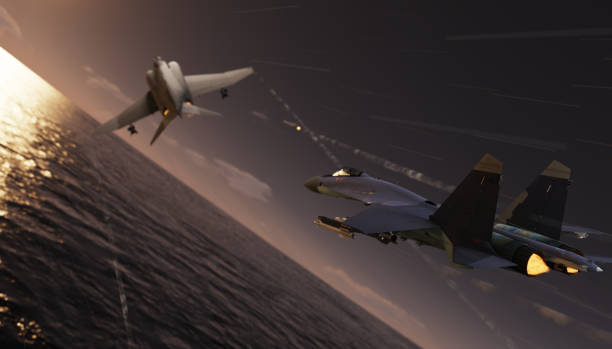 walka powietrzna nad morzem rosyjski odrzutowiec kontra amerykański myśliwiec 3d render - air force fighter plane pilot military zdjęcia i obrazy z banku zdjęć