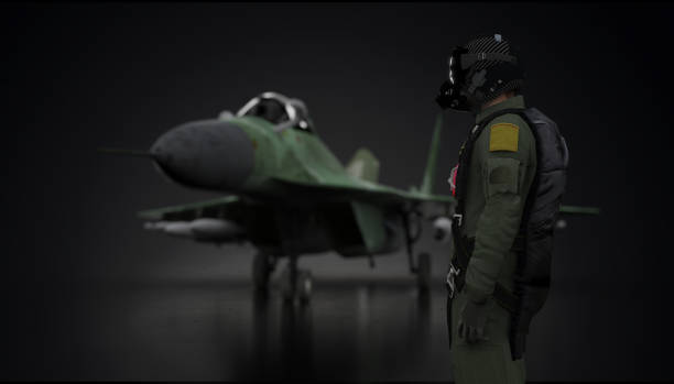 istock Russian jet fighter pilot looking ad mig-29 mikoyan fighter jet 3d render 1202971991