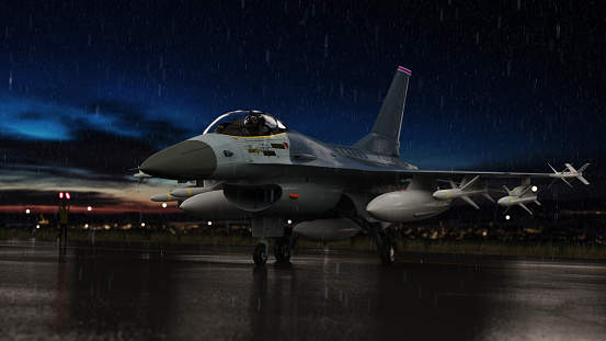 F-16 jet fighter under heavy rain at night in militart airbase 3d render
