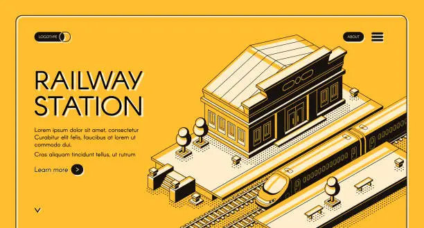 Vector illustration of Railway station isometric vector landing page