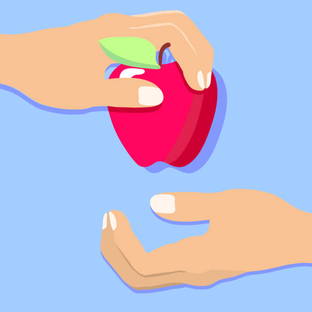 istock Hand drawn vector illustration of hand giving red apple 1202975052