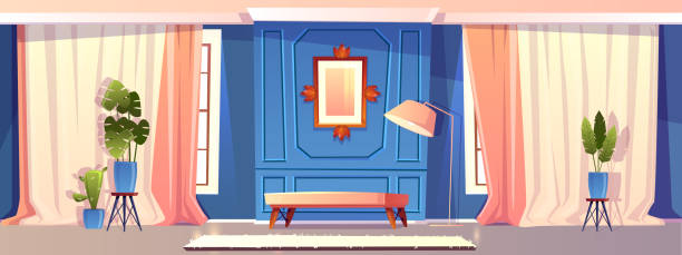 ilustrações de stock, clip art, desenhos animados e ícones de vector luxury living room in blue color - baroque style wallpaper pink retro revival