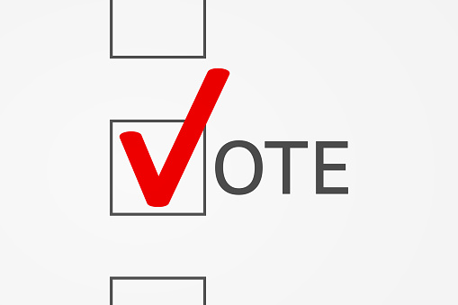 Square check box with big red check mark and letters near are forming together the VOTE word in ballot. Tick as voting symbol. Concept of choice made during election, polling and referendum
