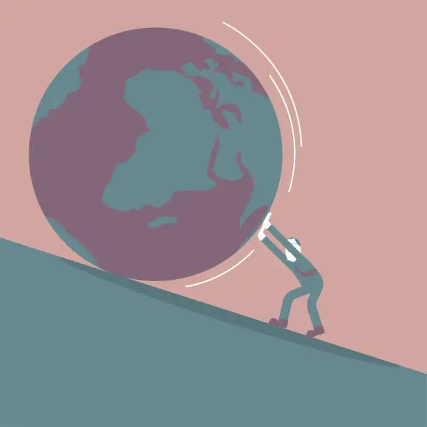 Vector illustration of A businessman propped down the earth,the background is brown.