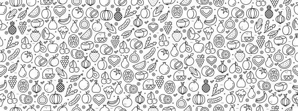 illustrazioni stock, clip art, cartoni animati e icone di tendenza di motivo senza cuciture con icone di frutta verdura - superfood avocado fruit vegetable