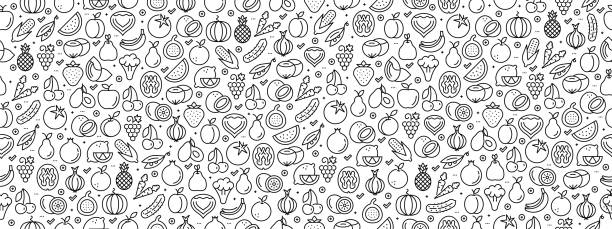 ilustrações de stock, clip art, desenhos animados e ícones de seamless pattern with fruit vegetable icons - superfood avocado fruit vegetable