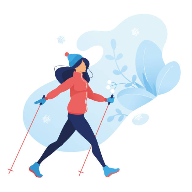 Winter Nordic walking sport exercise. Women in warm clothing walking in the snow. Outdoor flat illustration snow recreation, cartoon character. frozen plants isolated background. Vector woman doing of winter sport . Isolated background nordic walking pole stock illustrations
