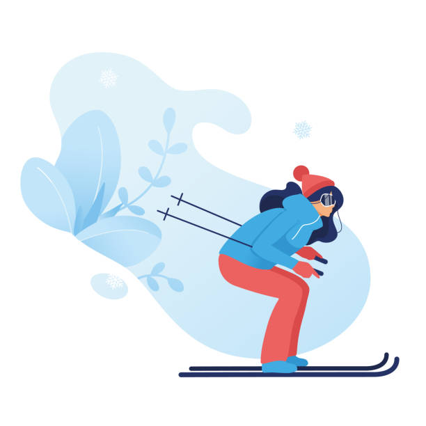 yong mädchen ist skifahren. winter-spiel sport vektor flache illustration von skifahrer. outdoor-schnee erholung, cartoon-charakter. gefrorene pflanzen isoliert hintergrund. vektor - skiing ski winter sport freestyle skiing stock-grafiken, -clipart, -cartoons und -symbole