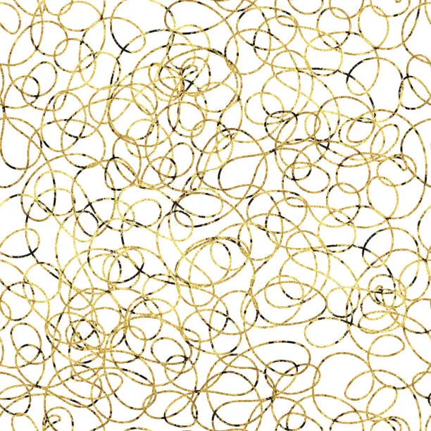 Vector illustration of Seamless pattern with gold abstract lines, circles. Hand drawn graphic drawing, vector illustration for design of wallpaper, background, template, packaging.