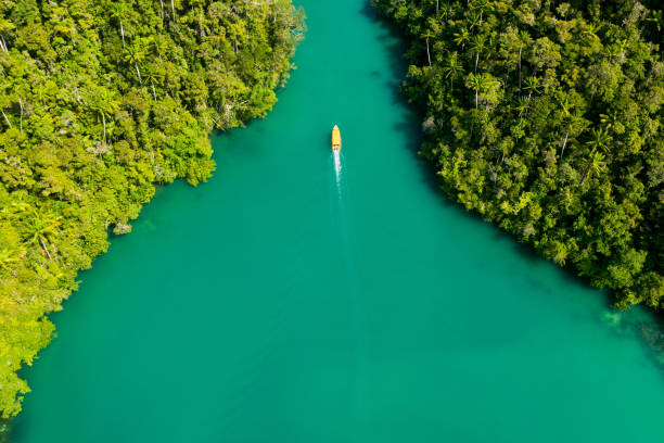 High angle shot of a boat cruising around the beautiful green islands of Indonesia