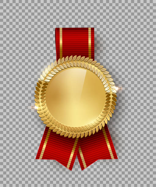 ilustraciones, imágenes clip art, dibujos animados e iconos de stock de medalla de premio 3d ilustración de color vectorial realista. recompensa. medalla de oro con cinta roja. producto certificado. insignia de calidad, emblema sobre fondo transparente. trofeo ganador. elemento de diseño aislado. - gold medal medal ribbon trophy