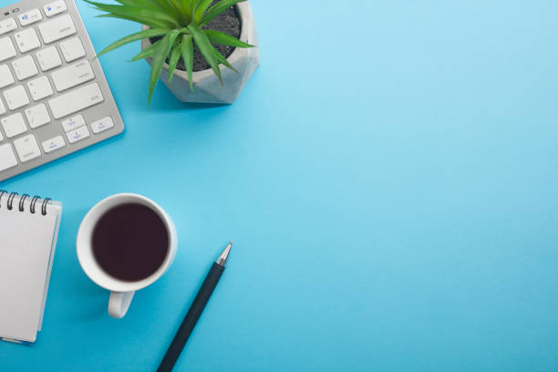 istock Office desk table with supplies. Flat lay Business workplace and objects. Top view. Copy space for text 1202983749