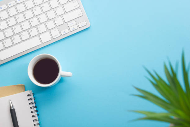 istock Office desk table with supplies. Flat lay Business workplace and objects. Top view. Copy space for text 1202983762