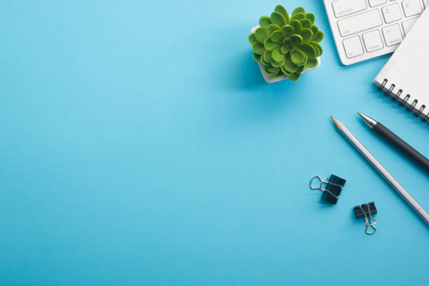 istock Office desk table with supplies. Flat lay Business workplace and objects. Top view. Copy space for text 1202983825