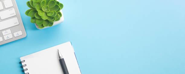 istock Office desk table with supplies. Flat lay Business workplace and objects. Top view. Copy space for text 1202983860