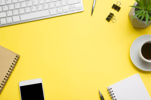 istock Office desk table with supplies. Flat lay Business workplace and objects. Top view. Copy space for text 1202984033