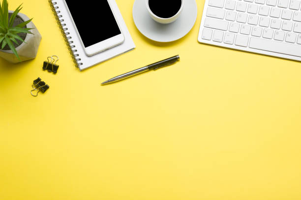 istock Office desk table with supplies. Flat lay Business workplace and objects. Top view. Copy space for text 1202984297