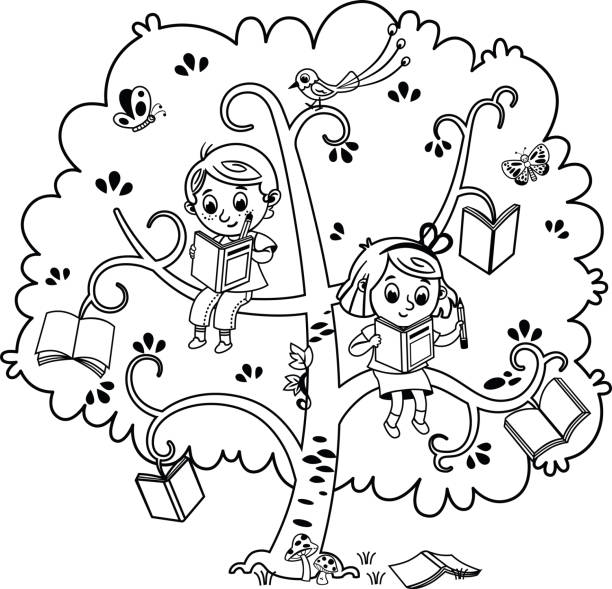 ilustraciones, imágenes clip art, dibujos animados e iconos de stock de el árbol de libros en blanco y negro - niña y niño libro para colorear
