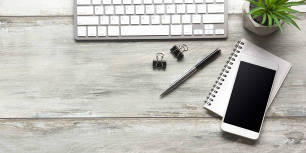 istock Office desk table with supplies. Flat lay Business workplace and objects. Top view. Copy space for text 1202985086