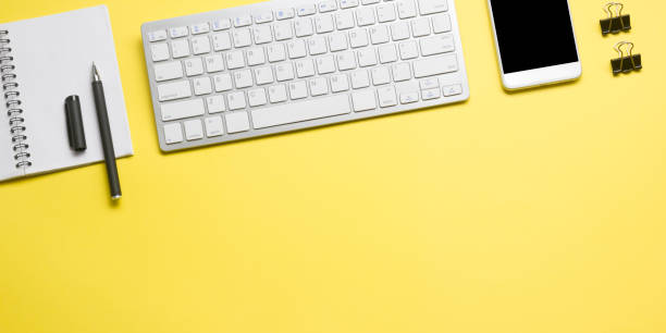 istock Office desk table with supplies. Flat lay Business workplace and objects. Top view. Copy space for text 1202985280