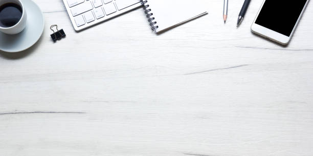 istock Office desk table with supplies. Flat lay Business workplace and objects. Top view. Copy space for text 1202985452