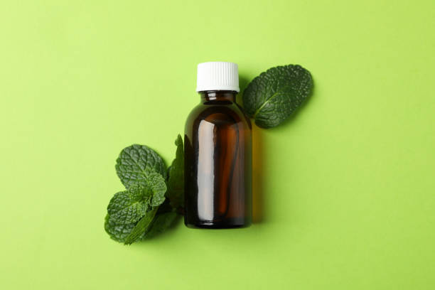 istock Medical bottle and mint on green background, space for text 1202985600