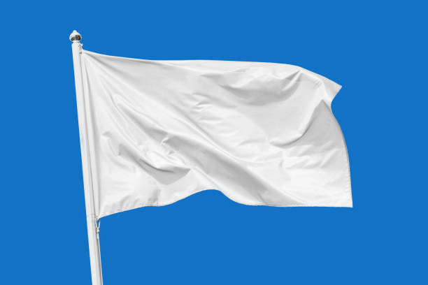 bandera blanca ondeando en el viento en el asta de la bandera, aislado en el fondo azul - bandera fotografías e imágenes de stock