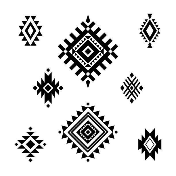 ilustraciones, imágenes clip art, dibujos animados e iconos de stock de formas aztecas/tribales, conjunto de vectores de colección de símbolos - cultura indígena