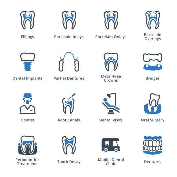 illustrazioni stock, clip art, cartoni animati e icone di tendenza di icone odontoiatrie rigeneranti - serie blu - human teeth dental hygiene dentist office human mouth