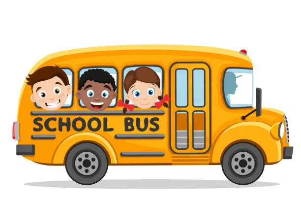 Vector illustration of Children ride in a yellow school bus on a white. Back to school
