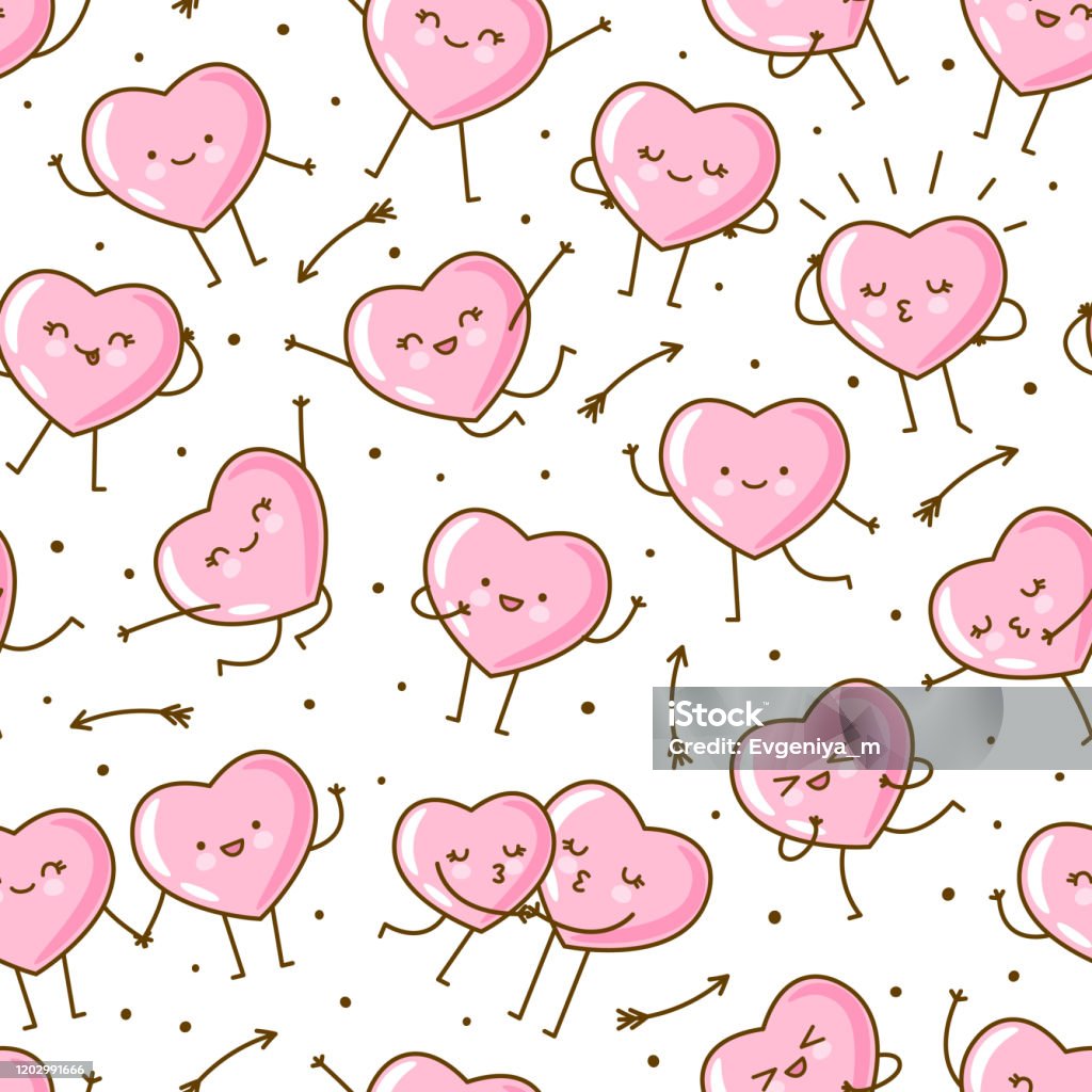 Seamless Pattern With Kawaii Pink Hearts Isolated On White ...