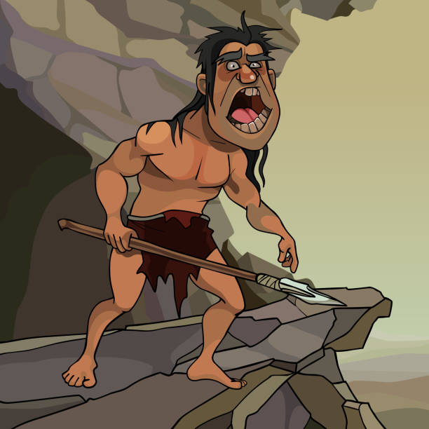 cartoon neandertaler mann mit einem speer schreien auf einer steinklippe stehend - loin cloth stock-grafiken, -clipart, -cartoons und -symbole