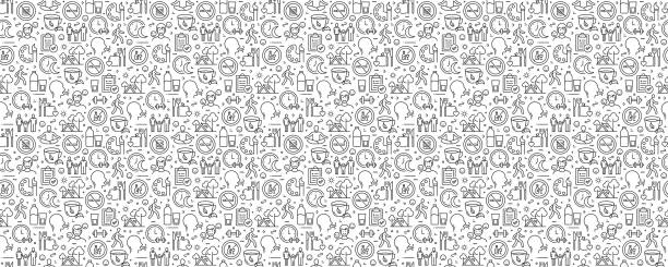 Healthy Lifestyle Related Seamless Pattern and Background with Line Icons