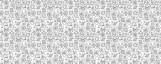 Healthy Lifestyle Related Seamless Pattern and Background with Line Icons