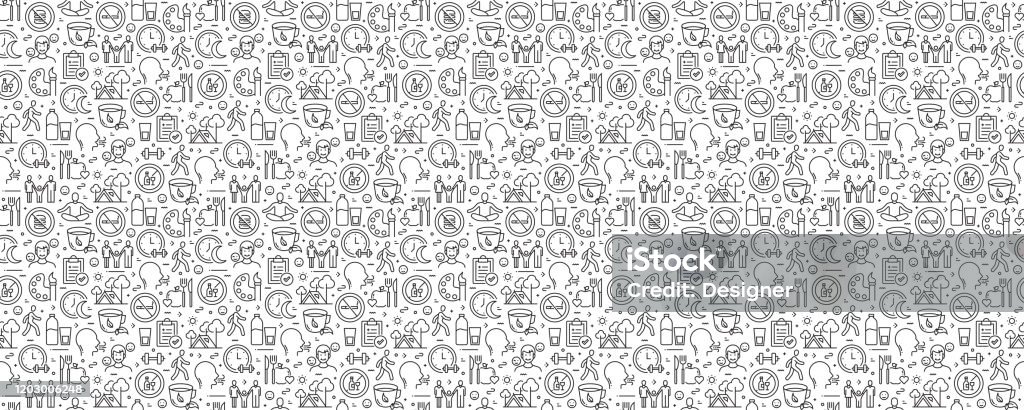 Healthy Lifestyle Related Seamless Pattern and Background with Line Icons Wellbeing stock vector