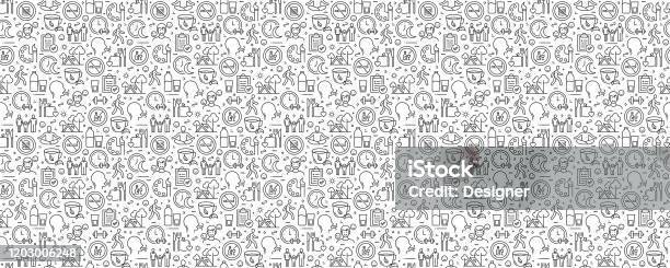 Healthy Lifestyle Related Seamless Pattern And Background With Line Icons Stock Illustration - Download Image Now